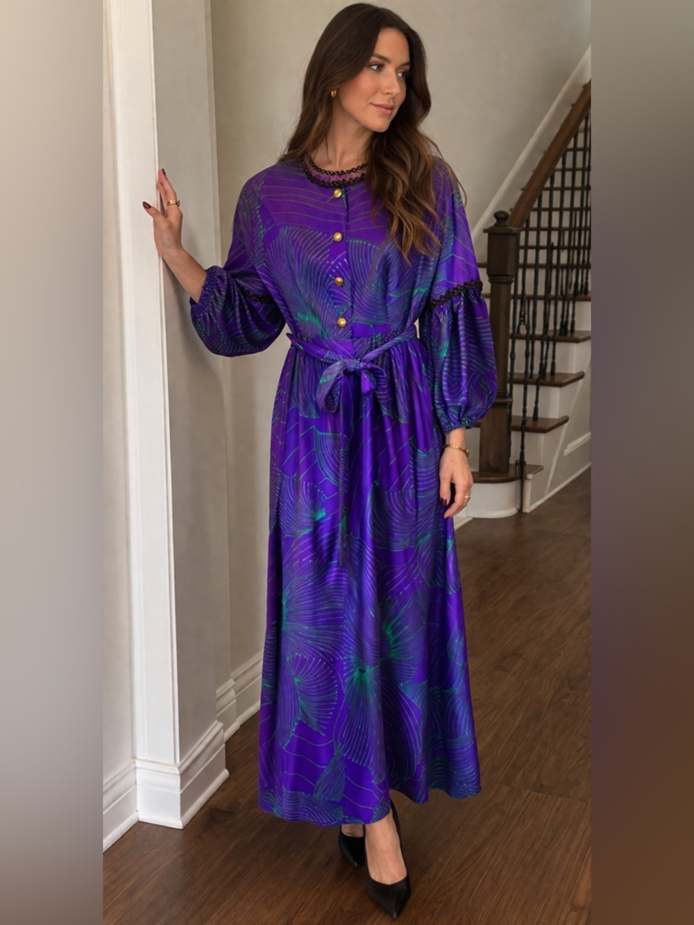 Vintage Handmade Purple Maxi Dress Belted Statement Print Boho Art Dress S/M